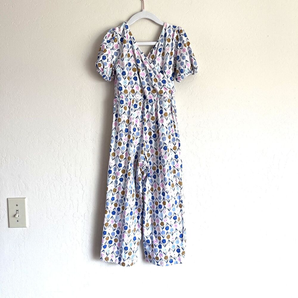 Tea Collection Girls Size 5 Floral Wide Leg Jumpsuit Romper Puff Sleeve Pockets